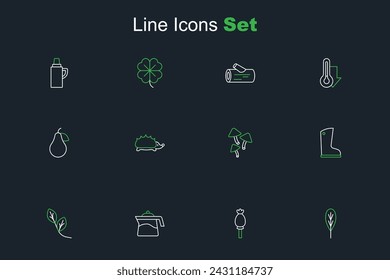 Set line Hoja, amapola de opio, tetera, bota de goma impermeable, hongo, erizo y el icono de la pera. Vector
