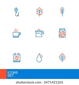 Set line Leaf, Pear, Calendar with autumn leaves, Pickled cucumbers in jar, Coffee cup, Teapot,  and  icon. Vector