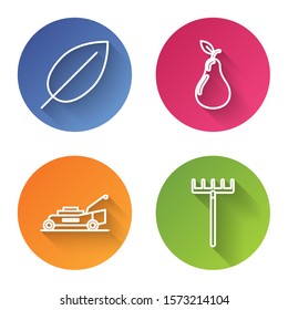 Set line Leaf, Pear, Lawn mower and Garden rake. Color circle button. Vector