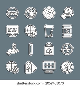 Set line Leaf plant in gear machine, Lightning bolt, Bio fuel barrel, Gear and lightning, Earth globe leaf, Label for eco healthy food,  and Trash can icon. Vector