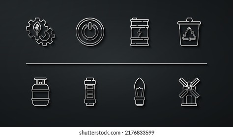 Set line Leaf plant in gear machine, Propane gas tank, Recycle bin with recycle, Light bulb, Battery, Power button, Wind turbine and Bio fuel barrel icon. Vector