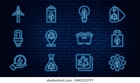 Set line Leaf plant in gear machine, Shopping bag with recycle, Light bulb leaf, Recycle, LED light, Wind turbine, Trash can and Eco nature and battery icon. Vector