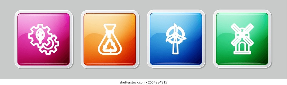 Set line Leaf plant in gear machine, Garbage bag with recycle, Wind turbine and . Colorful square button. Vector