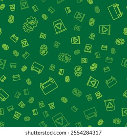 Set line Leaf plant in gear machine, Car battery and Recycle bin with recycle on seamless pattern. Vector