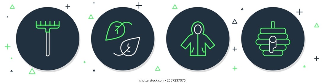 Set line Leaf, Raincoat, Garden rake and Hive for bees icon. Vector