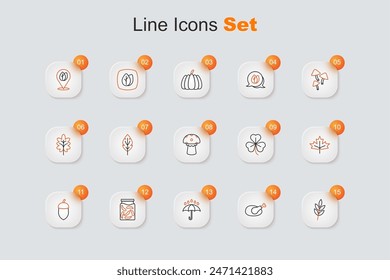 Set line Leaf, Roasted turkey or chicken, Umbrella and rain drops, Pickled cucumbers jar, Acorn, Canadian maple leaf, Clover and Mushroom icon. Vector