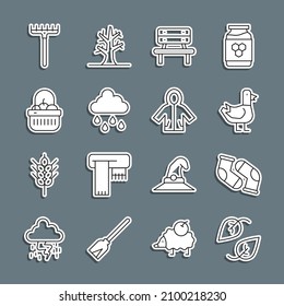 Set line Leaf, Socks, Dove, Bench, Cloud with rain, Basket and food, Garden rake and Raincoat icon. Vector