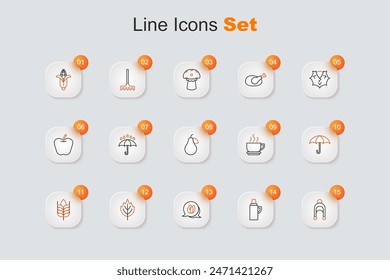 Set line Leaf, Thermos container, Wheat, Umbrella, Coffee cup and Pear icon. Vector