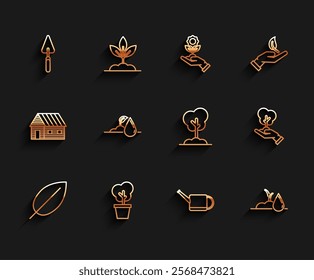 Set line Leaf, Tree in pot, Garden trowel spade or shovel, Watering can, sprout, hand of environmental protection and the ground icon. Vector