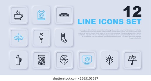 Set line Leaf, Umbrella and rain drops, Opium poppy, Location with leaf, Canadian maple, Pickled cucumbers jar, Calendar autumn leaves and Four clover icon. Vector