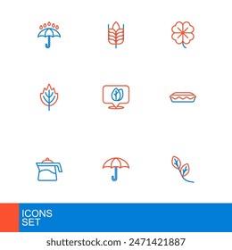 Set line Leaf, Umbrella, Teapot, Homemade pie, Location with leaf, Four clover and Wheat icon. Vector