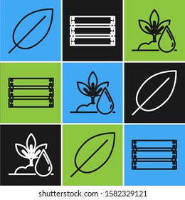 Set line Leaf, Watering plant and Wooden box icon. Vector