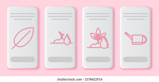 Set line Leaf, Watering sprout, Watering plant and Watering can. White rectangle button. Vector