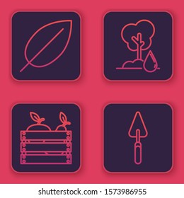 Set line Leaf, Wooden box for fruits and vegetables, Watering Tree and Garden trowel spade or shovel. Blue square button. Vector