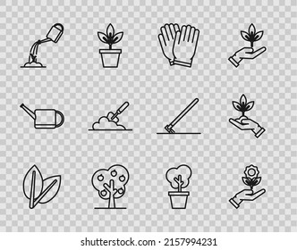 Set line Leafs, Hand holding flower, Garden gloves, Tree with apple, Watering can water, trowel spade or shovel the ground, pot and Plant hand of environmental protection icon. Vector