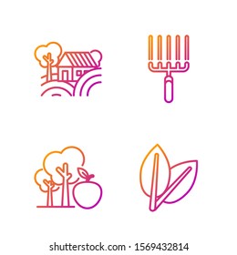 Set line Leafs, Tree with apple, Farm House concept and Garden rake in work. Gradient color icons. Vector