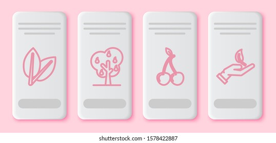 Set line Leafs, Tree with pears, Cherry and Sprout in hand of environmental protection. White rectangle button. Vector