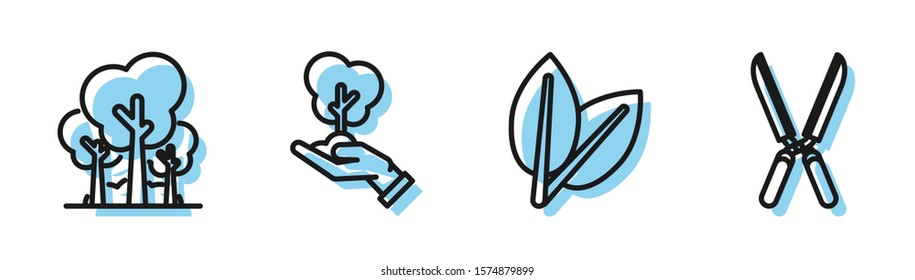 Set line Leafs, Trees, Tree in hand of environmental protection and Gardening handmade scissors for trimming icon. Vector