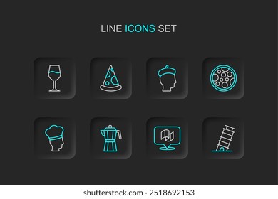 Set line Leaning tower in Pisa, Flag Italy, Coffee maker moca pot, Italian cook, Pizza, French man, Slice pizza and Wine glass icon. Vector