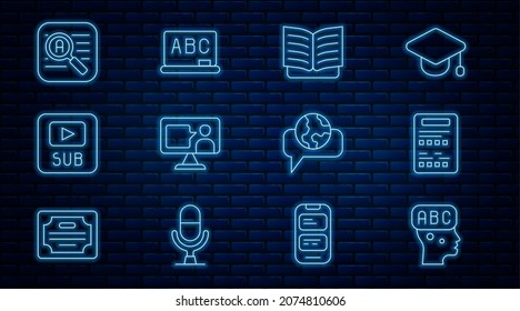 Set line Learning foreign languages, Exam sheet, Open book, Foreign online study, Video with subtitles, Translator,  and Chalkboard icon. Vector