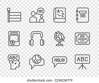 Set line Learning foreign languages, Chalkboard, Translator book, Flag, Headphones, Hola different and Certificate template icon. Vector