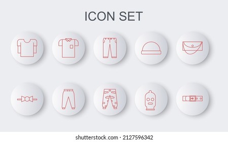 Set line Leather belt, Bow tie, Pants, Balaclava, Long sleeve shirt, Polo, Sport pants and Camouflage cargo icon. Vector