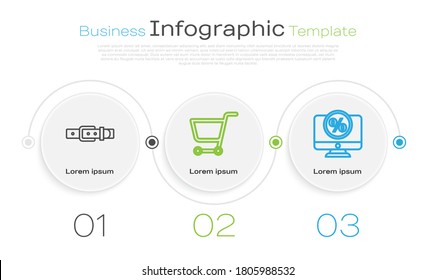 Set line Leather belt, Shopping cart and Percent discount and monitor. Business infographic template. Vector