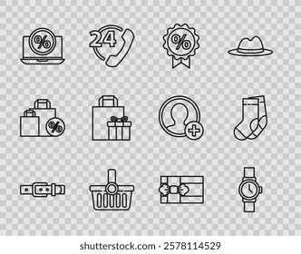 Set line Leather belt, Wrist watch, Discount percent tag, Shopping basket, Percent discount and laptop, Gift box,  and Socks icon. Vector