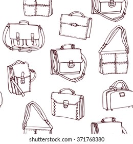 Set of line leather briefcase on white background. Hand drawn seamless pattern.