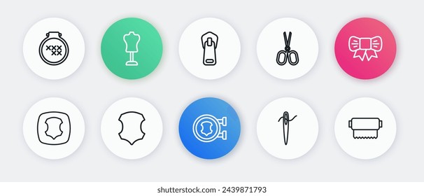 Set line Leather, Gift bow, Needle for sewing with thread, Scissors, Zipper, Textile fabric roll and  icon. Vector