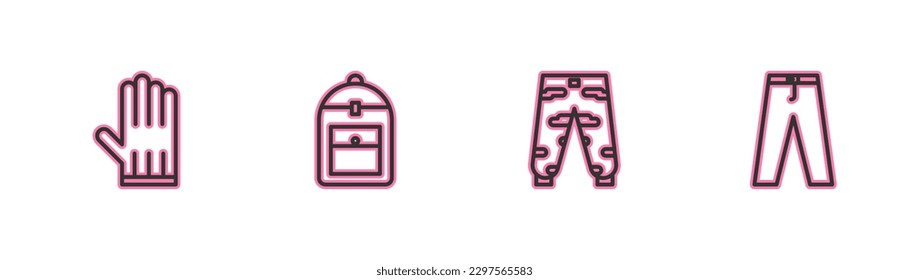 Set line Leather glove, Camouflage cargo pants, Backpack and Pants icon. Vector