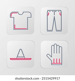 Set line Leather glove, Gardener worker hat, Pants and T-shirt icon. Vector