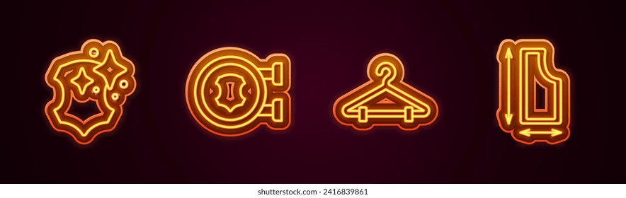 Set line Leather, Hanger wardrobe and Sewing pattern. Glowing neon icon. Vector