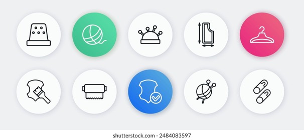 Set line Leather, Hanger wardrobe, Yarn ball with knitting needles, Sewing pattern, Needle bed and, Closed steel safety pin and Textile fabric roll icon. Vector