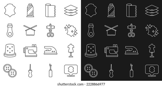 Set line Leather, Mannequin, Textile fabric roll, Knitting needles, Zipper,  and Scissors icon. Vector