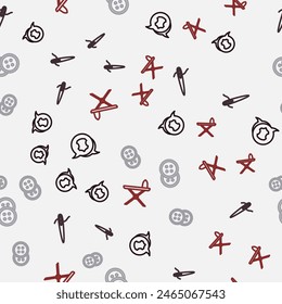 Set line Leather, Needle for sewing with thread, Sewing button clothes and Electric iron and ironing board on seamless pattern. Vector