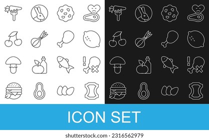 Set line Leather, No chicken leg, Lemon, Cookie or biscuit, Onion, Fresh berries, Carrot and Chicken icon. Vector