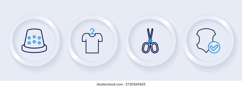 Set línea de cuero, tijeras, camiseta en la percha y dedal para el icono de costura. Vector