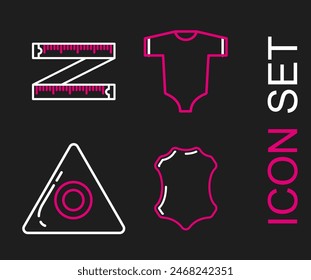 Set line Leather, Sewing chalk, Baby clothes and Tape measure icon. Vector