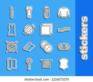 Set line Leather, Sewing thread on spool, Tape measure, Yarn ball with knitting needles, Woman dress, Cutter tool and Textile fabric roll icon. Vector