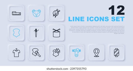 Set line Leather, Sewing thread on spool, Needle for sewing with, Zipper, Teddy bear plush toy and  icon. Vector