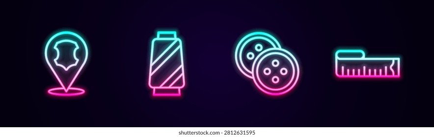 Set line Leather, Sewing thread on spool, button for clothes and Tape measure. Glowing neon icon. Vector