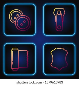 Set line Leather, Textile fabric roll, Sewing button for clothes and Zipper. Gradient color icons. Vector