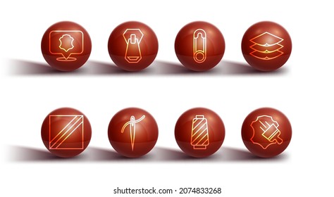 Set line Leather, Textile fabric roll, Layers clothing textile, Sewing thread on spool, Needle with, Zipper,  and Safety pin icon. Vector