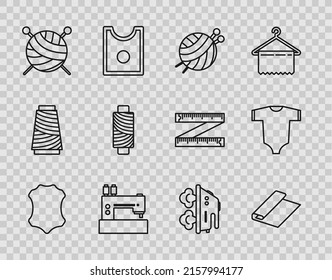 Set line Leather, Textile fabric roll, Yarn ball with knitting needles, Sewing machine, thread on spool, Electric iron and Baby clothes icon. Vector