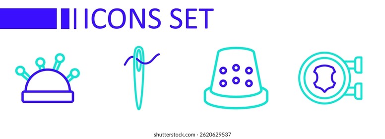 Set line Leather, Thimble for sewing, Needle with thread and bed and needles icon. Vector