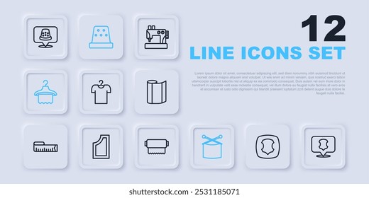 Set line Leather, T-shirt on hanger, Knitting needles, Hanger wardrobe, Sewing pattern, Thimble for sewing and Textile fabric roll icon. Vector