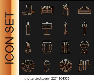 Fijar la línea látigo de cuero, vaquero de ubicación, pala, carcajada con flechas, señalización de tráfico, bomba dinamita, arranque de vaquero e icono cruzado. Vector