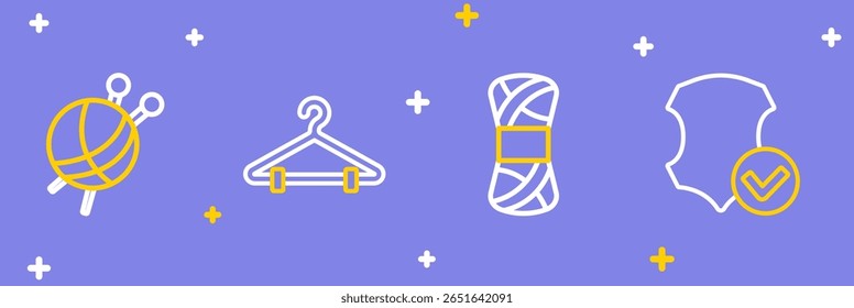 Set line Leather, Yarn, Hanger wardrobe and ball with knitting needles icon. Vector