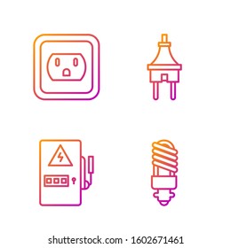 Set line LED light bulb, Electrical panel, Electrical outlet in the USA and Electric plug. Gradient color icons. Vector
